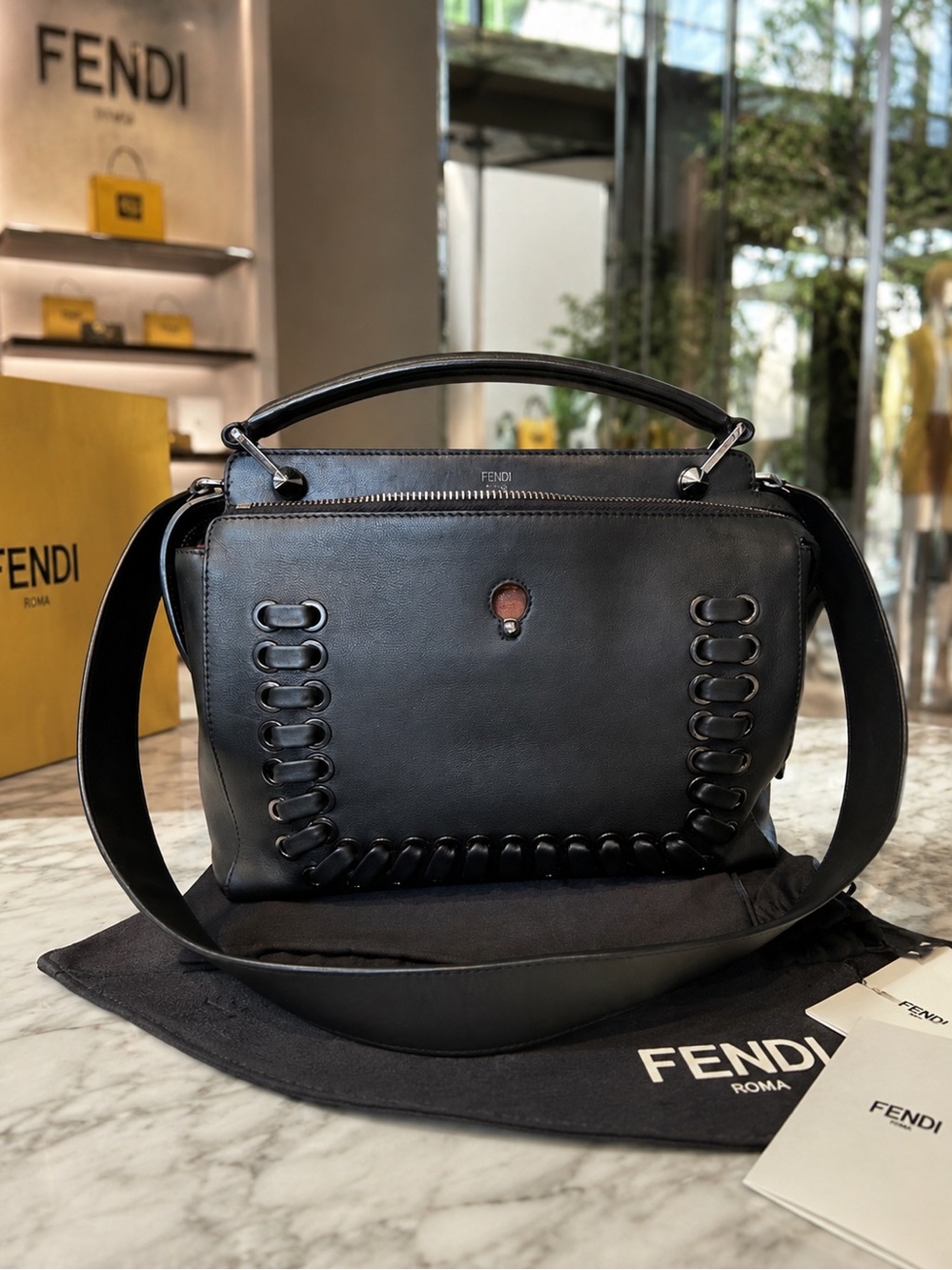 Fendi Dotcom Whipstitch Leather Satchel – Black | Brown Suede Interior